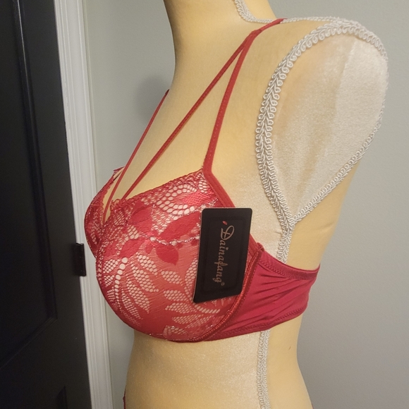 Dainafang Deep Red with Satin Lace and Fine Silver Stitching Bra and Panty set - Picture 11 of 13
